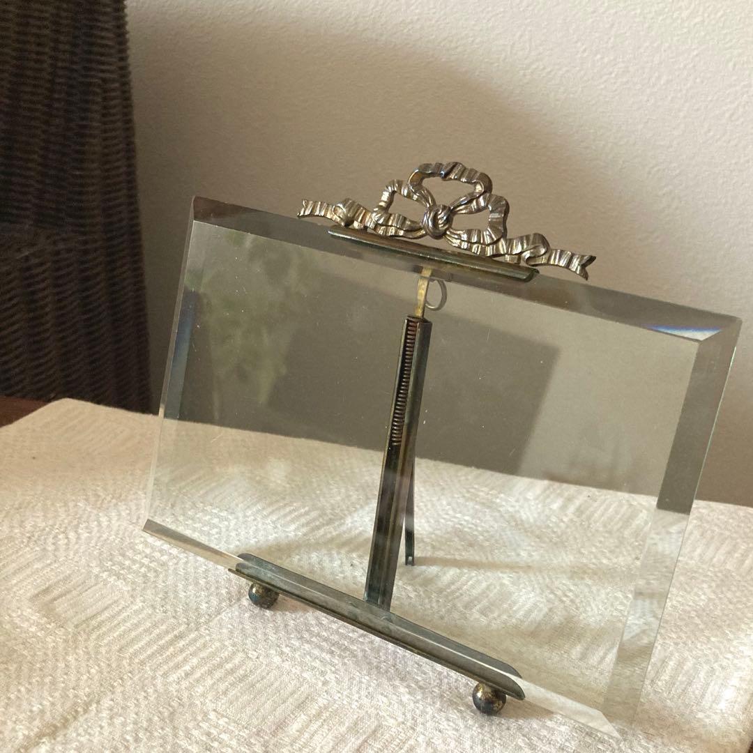 フランスアンティーク ガラスと真鍮 リボンモチーフのフレーム希少サイズ
