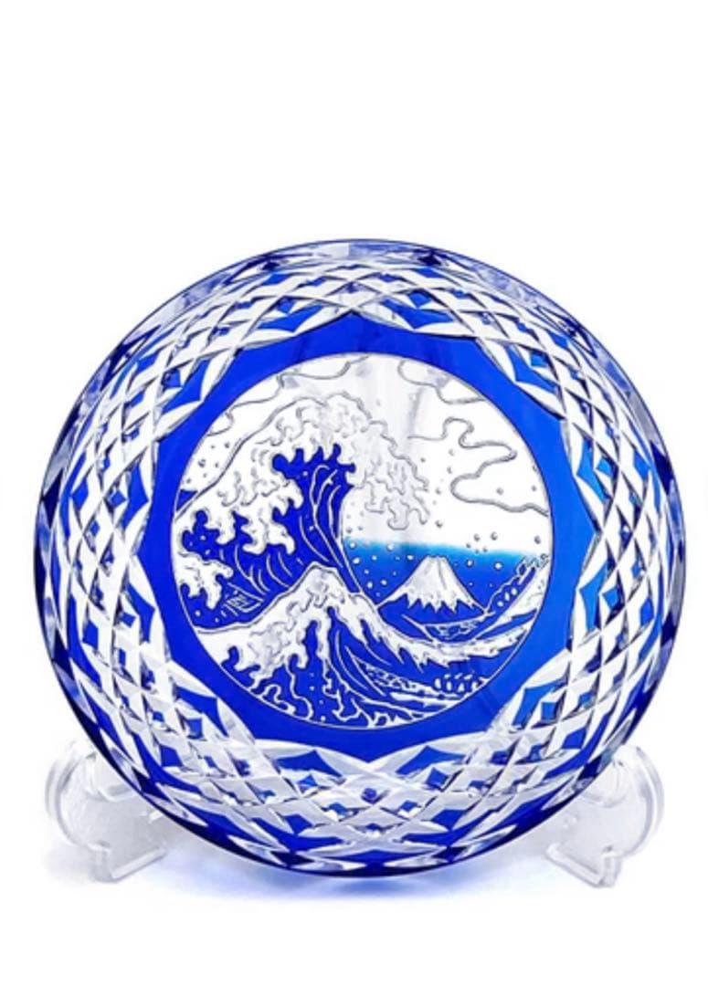 新品木箱入 江戸切子 富嶽三十六景神奈川沖波裏に福菱 飾皿ルリ 木村