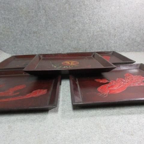 讃岐 手彫り 角盆 5枚 [B23518] 絵変り 両峰山人刀 讃岐木地漆