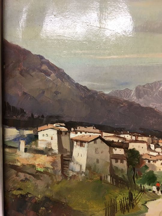 油絵肉筆画 イタリアの画家カンパリ 額縁付き銀色50センチ×43センチ