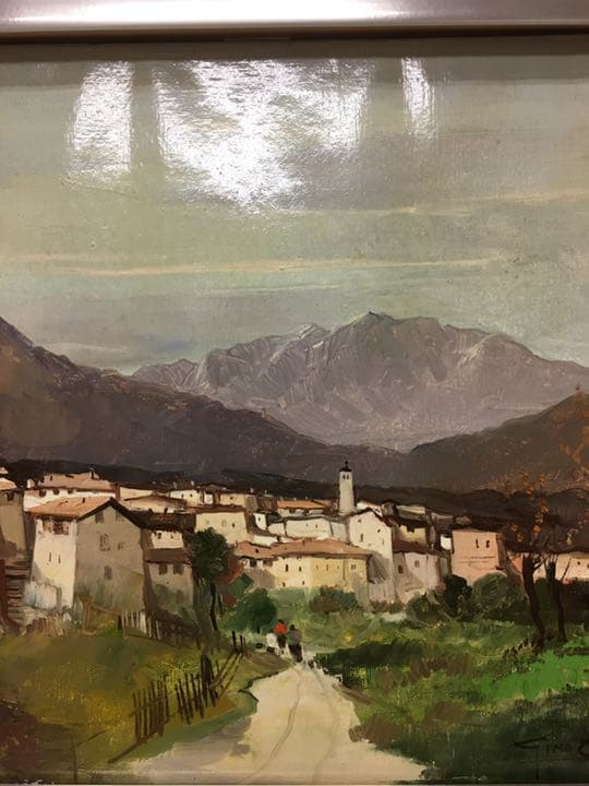 油絵肉筆画 イタリアの画家カンパリ 額縁付き銀色50センチ×43センチ