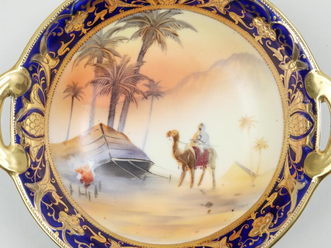 オールドノリタケ 金盛上砂漠風景 ハンドルボウル 手付鉢 飾り鉢