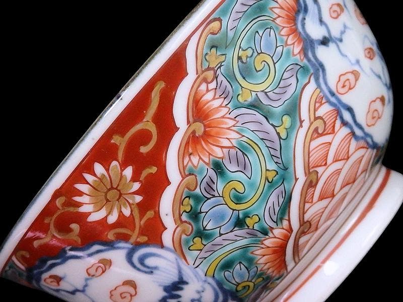 古伊万里 色絵 団龍紋 青海波に花の図 蓋茶碗 2客