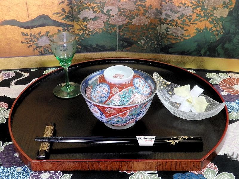 古伊万里 色絵 団龍紋 青海波に花の図 蓋茶碗 2客