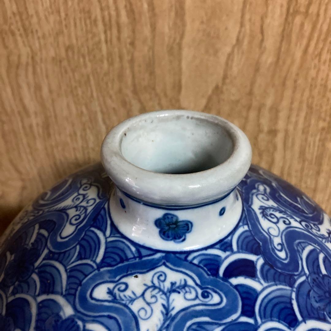 中国　染付　瓶　梅瓶　花鳥波之図　康熙年製銘