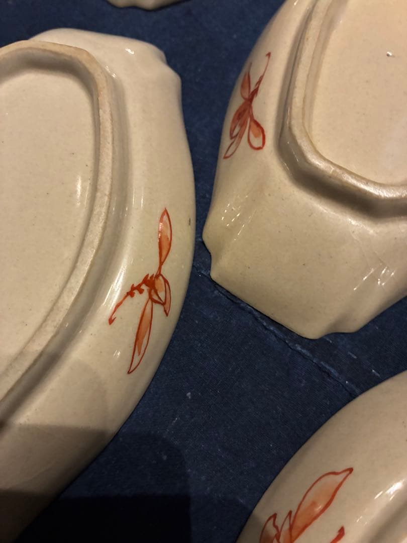 九谷焼 青手 絵がわり 菱皿 5枚 手描き 金彩 古手 傷無し 古