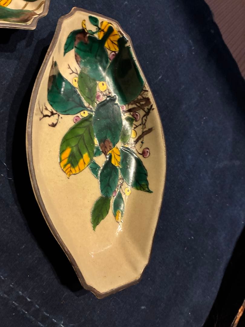 九谷焼　青手　絵がわり　菱皿　5枚　手描き　金彩　古手 傷無し　古九谷写