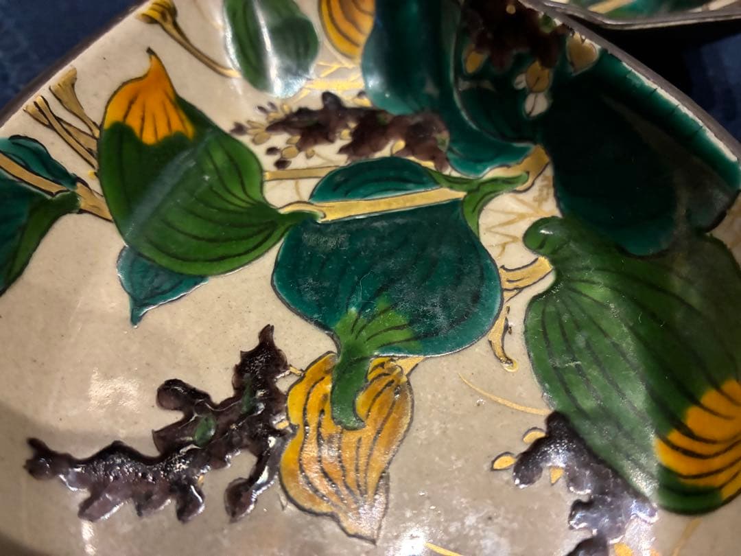 九谷焼 青手 絵がわり 菱皿 5枚 手描き 金彩 古手 傷無し 古