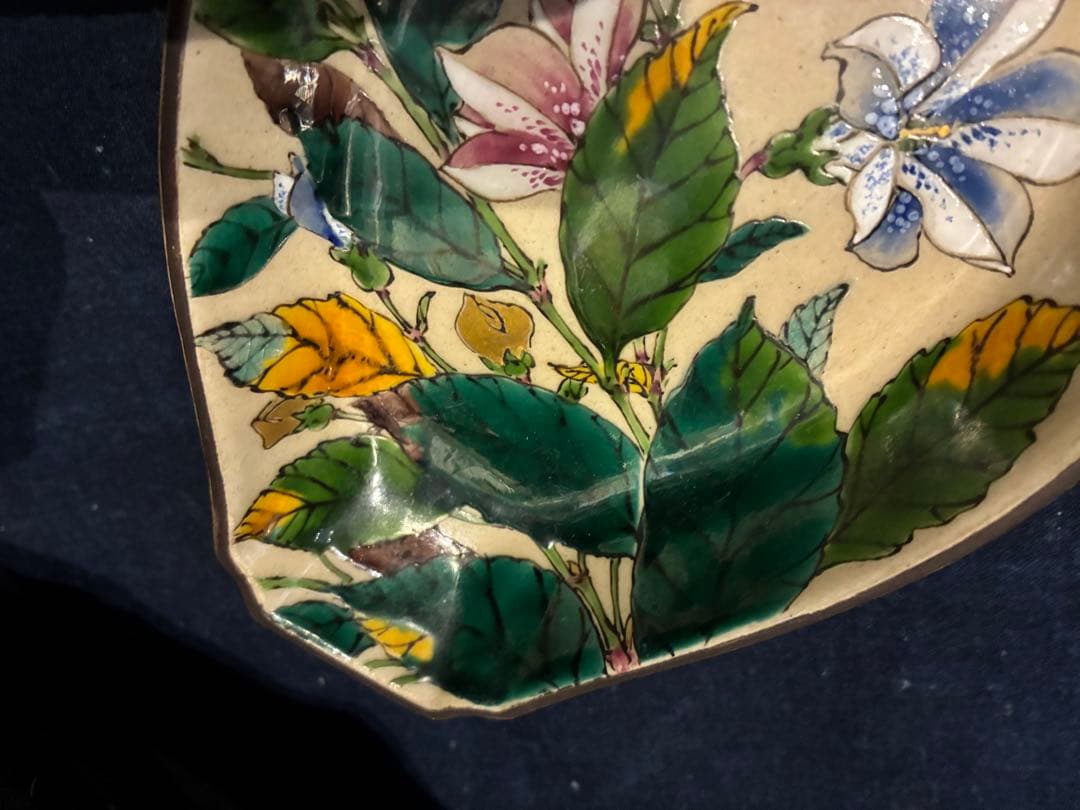 九谷焼 青手 絵がわり 菱皿 5枚 手描き 金彩 古手 傷無し 古