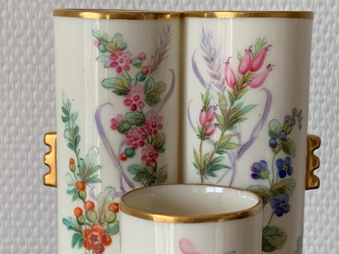 ✨特別価格✨ロイヤルウースター金彩耳付き花鳥文様3連管の花瓶 英国