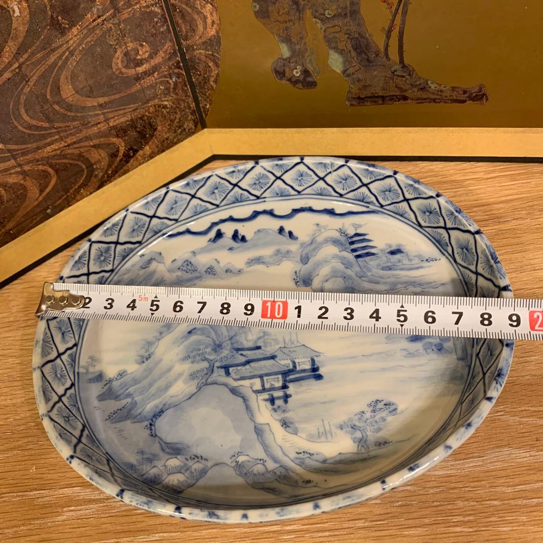 アンティーク　中国美術　極密画工　山水染付皿　1客