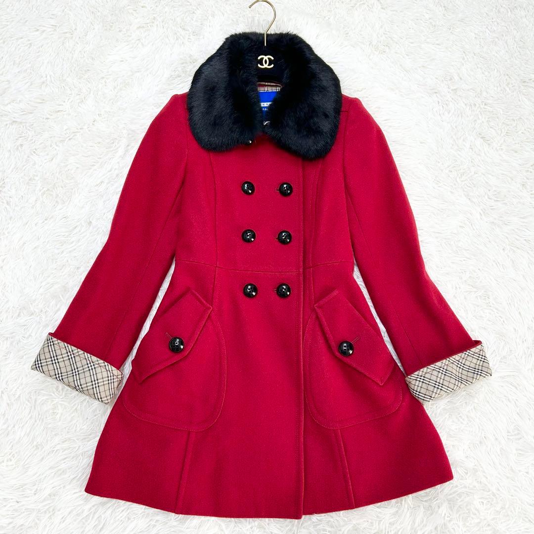 美品】【Burberry】ラビットファー付きロングコート 極美品