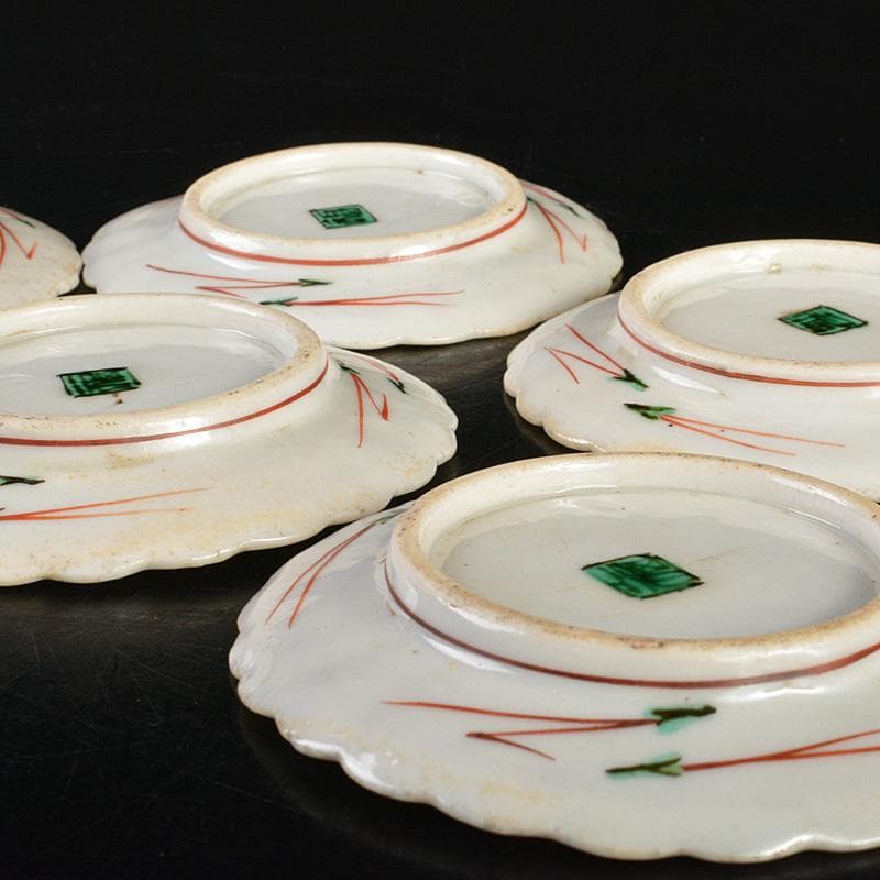 九谷焼 古九谷 角福銘 色絵花鳥文 輪花皿 手塩皿 小皿 五客