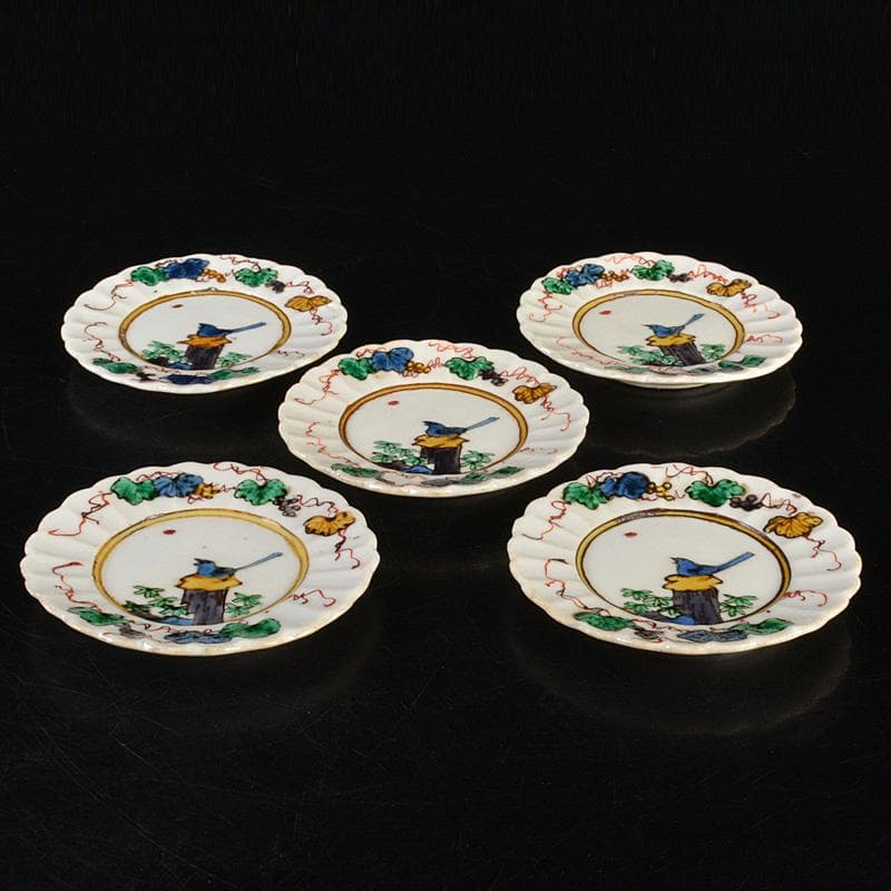 九谷焼 古九谷 角福銘 色絵花鳥文 輪花皿 手塩皿 小皿 五客