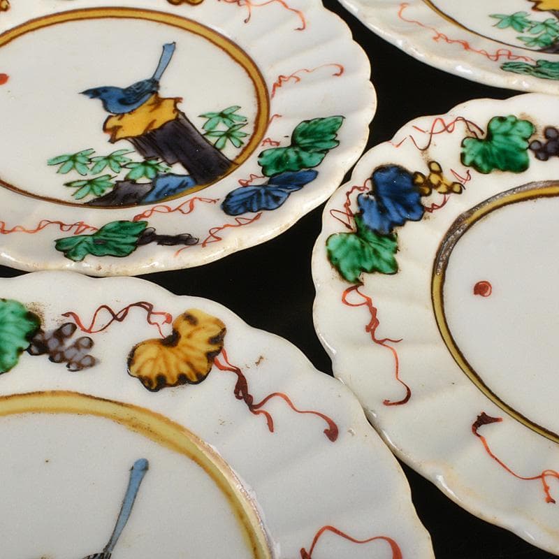 九谷焼 古九谷 角福銘 色絵花鳥文 輪花皿 手塩皿 小皿 五客