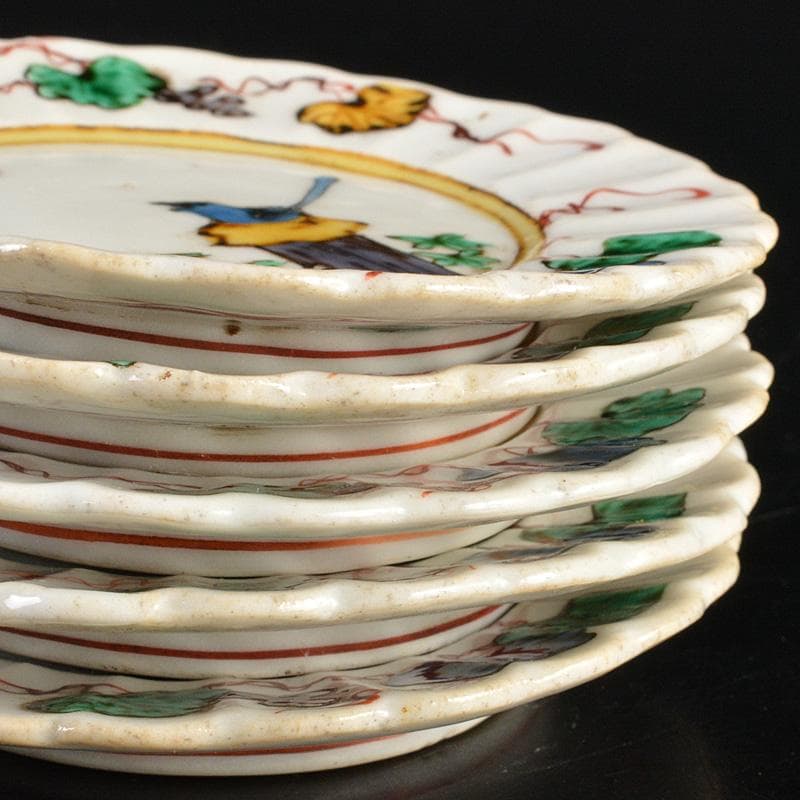 九谷焼 古九谷 角福銘 色絵花鳥文 輪花皿 手塩皿 小皿 五客