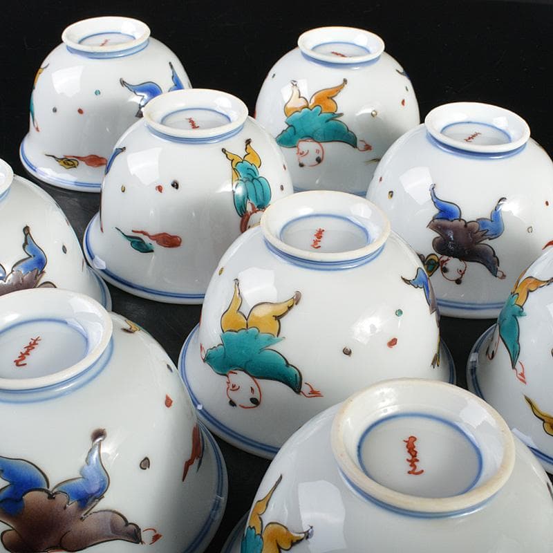 九谷焼堀江青光作色絵唐子文波出茶碗10客共箱V6261