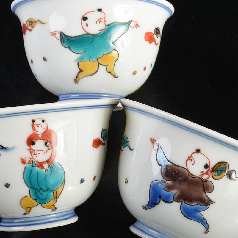 九谷焼堀江青光作色絵唐子文波出茶碗10客共箱V6261