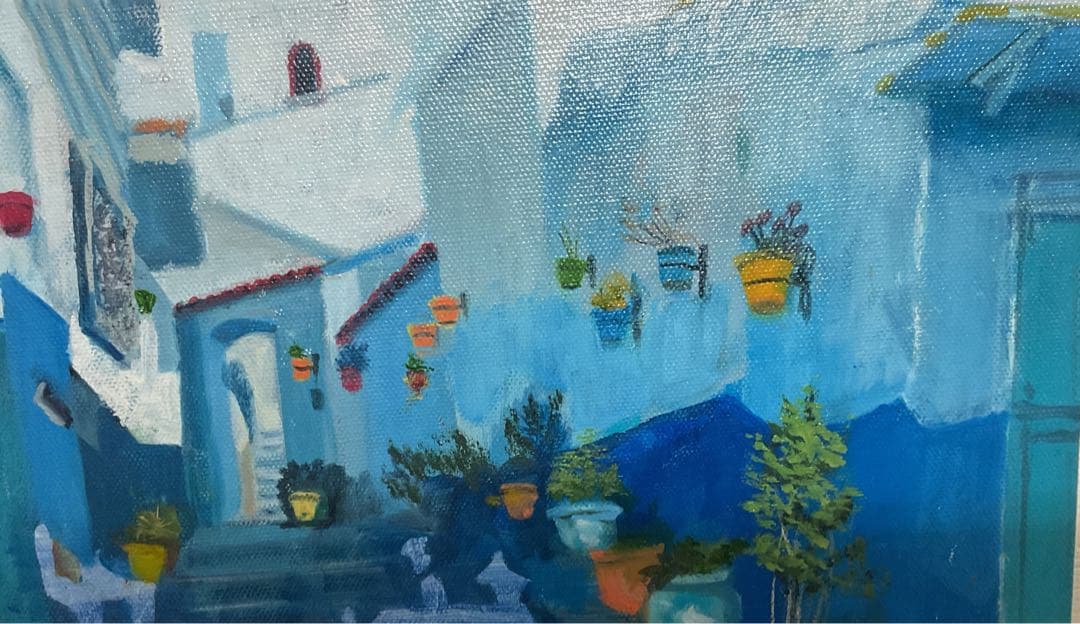 油彩画　「　空色の街　」　3Dキャンパス