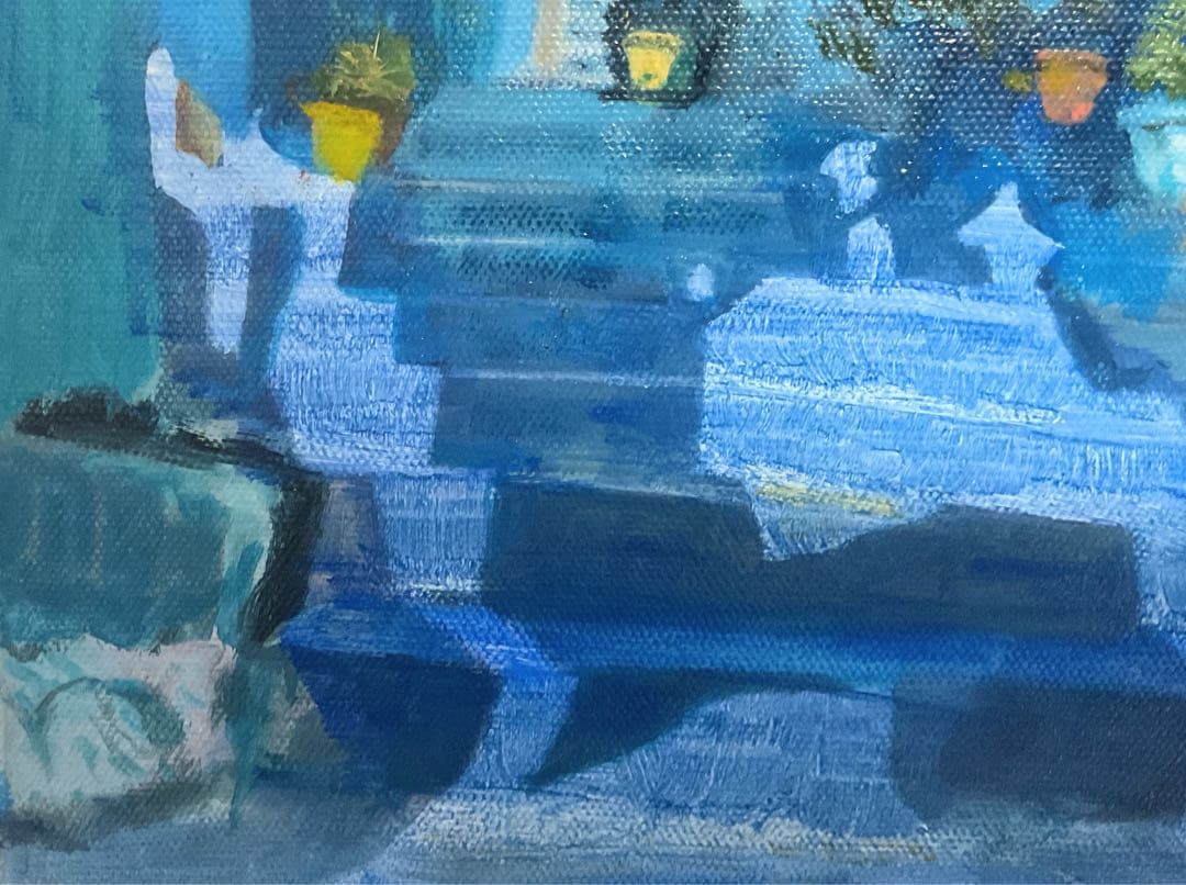 油彩画　「　空色の街　」　3Dキャンパス