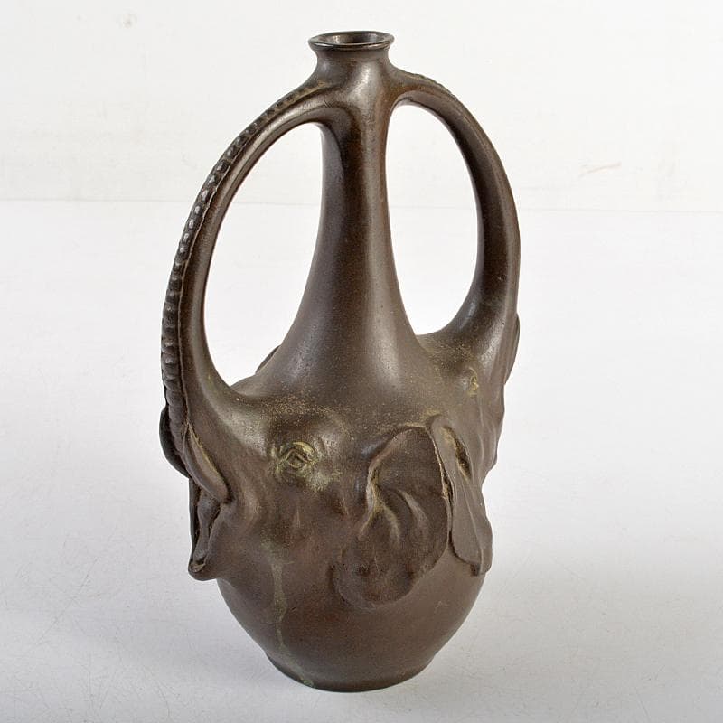 時代金工　古銅　双象瓶　一輪挿し　合わせ箱付　M　R6046