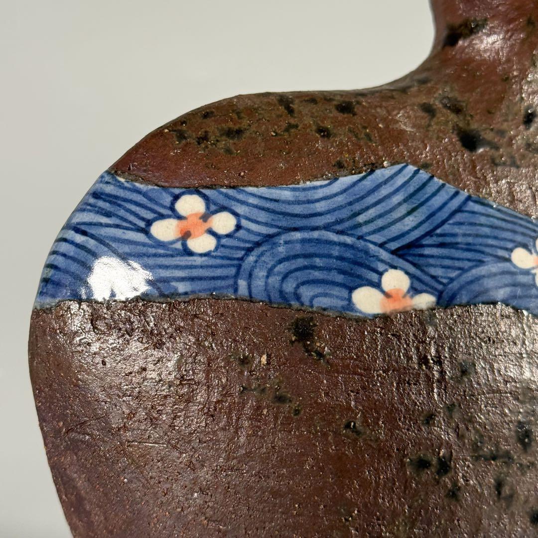 中村梅山 造】象嵌色絵扁壷 在銘 飾壺 陶芸家 加賀の仁清 花