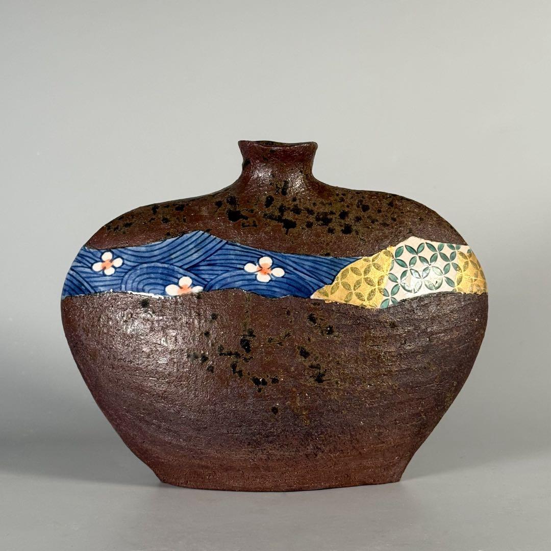 中村梅山 造】象嵌色絵扁壷 在銘 飾壺 陶芸家 加賀の仁清 花