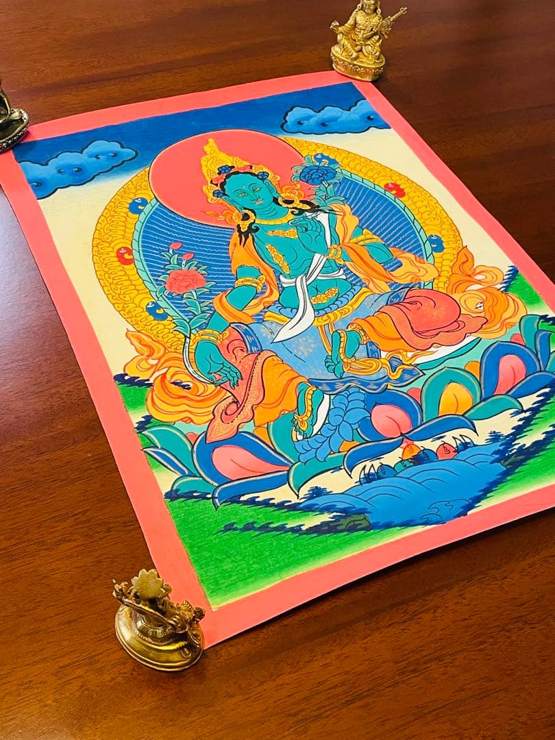 手描き 肉筆画 グリーンターラー 緑多羅菩薩 タンカ 曼荼羅 38 × 26