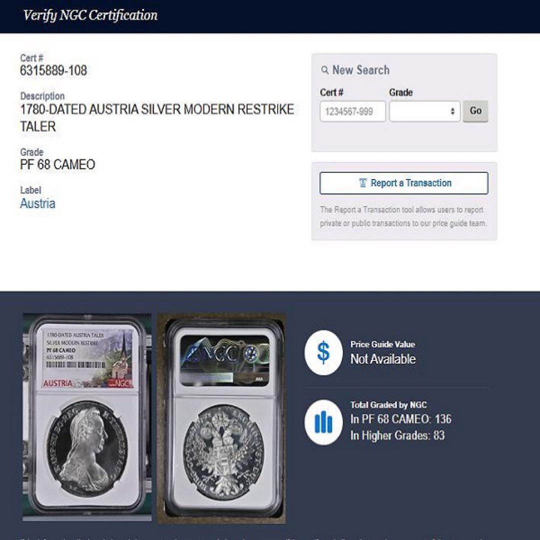 1780年 オーストリア 銀貨 NGC PF68アンティーク モダン コイン