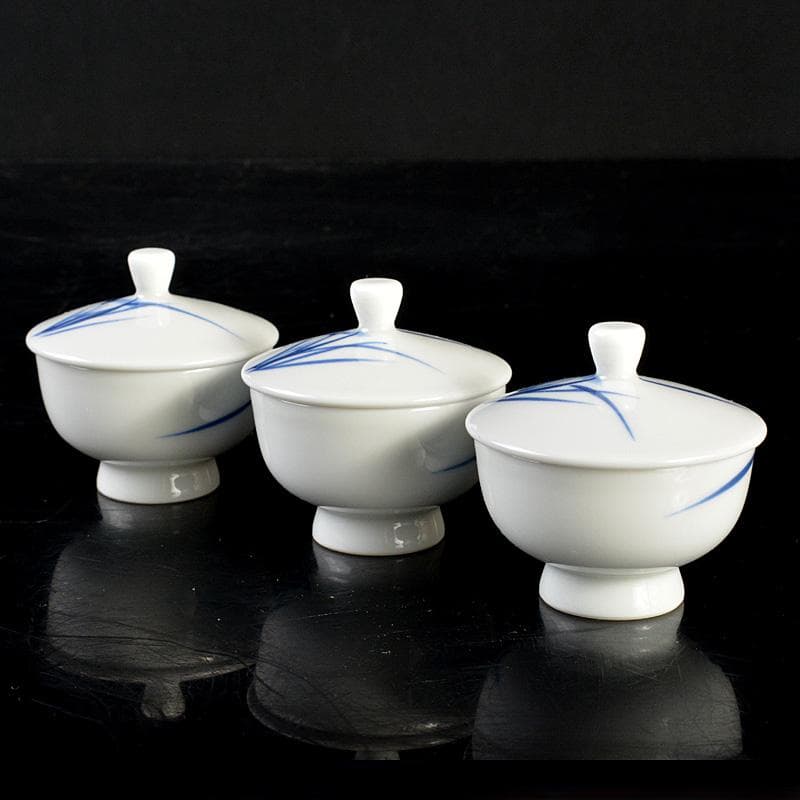 京焼 平安 光峰作 染付笹文 蓋付 猪口 3客 V