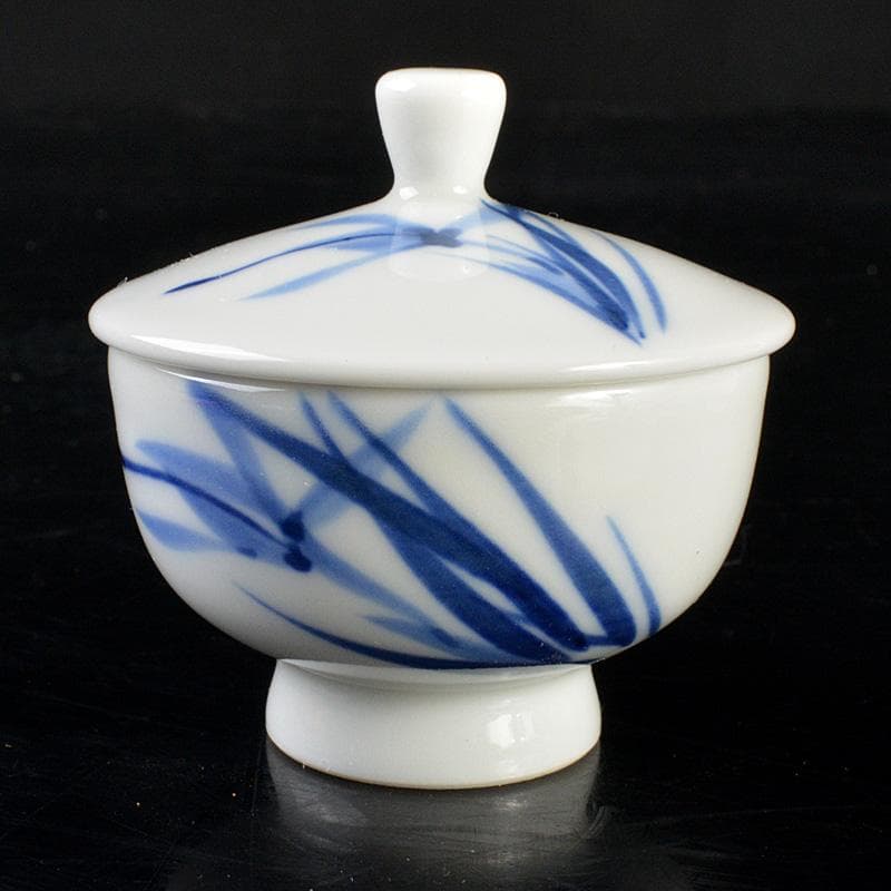 京焼 平安 光峰作 染付笹文 蓋付 猪口 3客 V