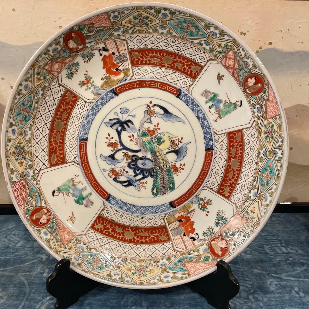 古伊万里焼大皿 色絵 孔雀、花の絵 飾り皿 37センチインテリア 【骨董