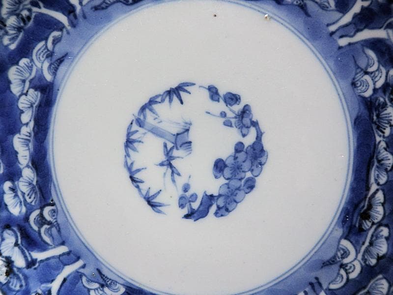 古伊万里　染付　松林に松竹梅の図　６寸半皿　C743AS-BQy