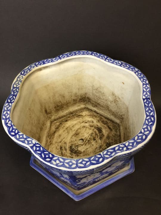 超大 染付六面梅花形植木鉢 盆栽鉢 冰裂纹青花花盆年代