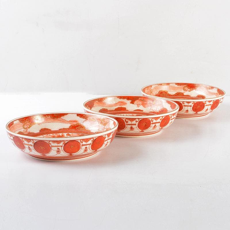 eyeknow74 　八郎手赤絵金彩　雲龍牡丹文　皿　三客　D　R6039