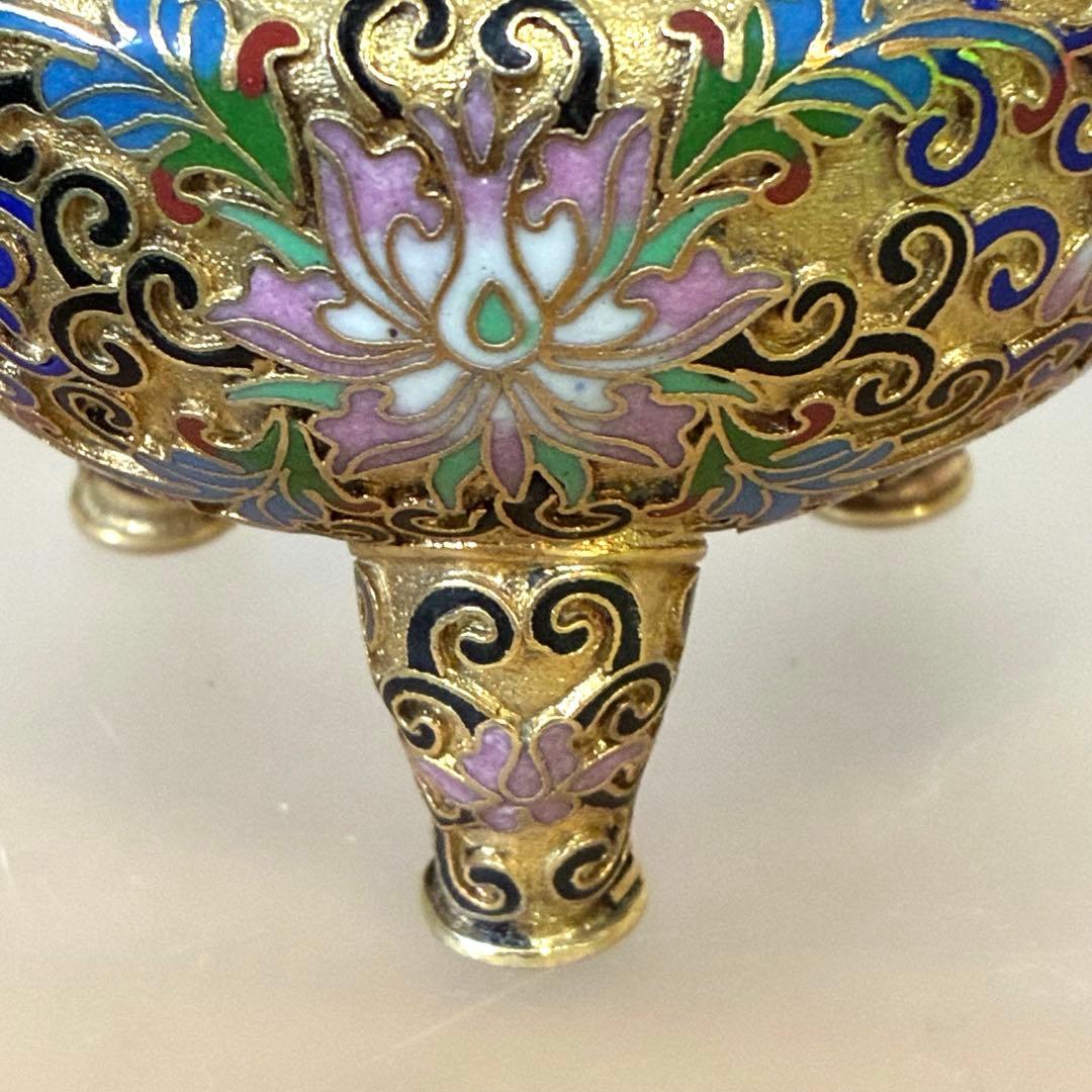 中国美術 三つ脚 七宝焼香炉 金彩唐蓮花紋 景泰藍 耳輪 獅子