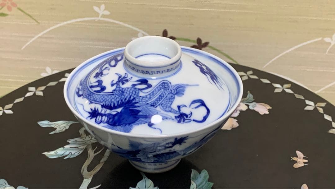 アンティーク　在銘　上品な龍紋　伊万里　染付お椀　茶碗　中国茶蓋付お碗　茶道具