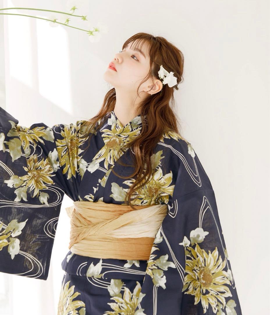 ネイビー花柄浴衣・帯セット