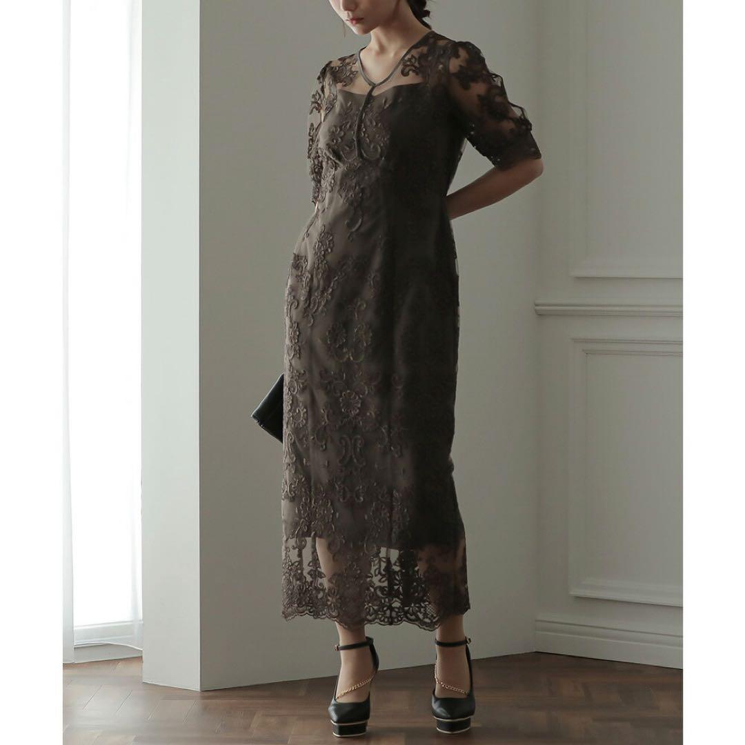 【美品✨】パーティードレス　オケージョンドレス　刺繍レース　結婚式　ブラウン　M