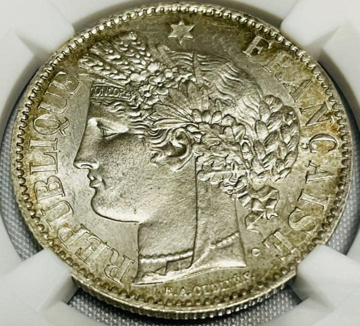 1887 フランス 豊穣の女神 セレス 2フラン銀貨 UNC Details