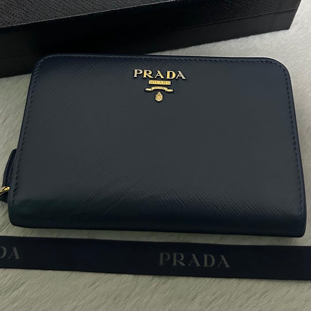 PRADA プラダ 折り財布 ゴールドロゴ ブルー ラウンドファスナー