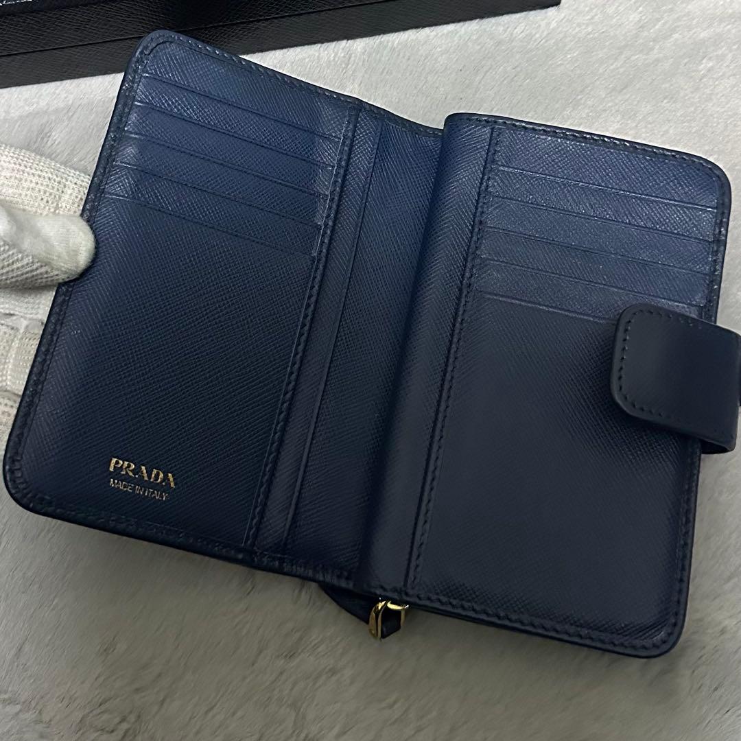 PRADA プラダ 折り財布 ゴールドロゴ ブルー ラウンドファスナー