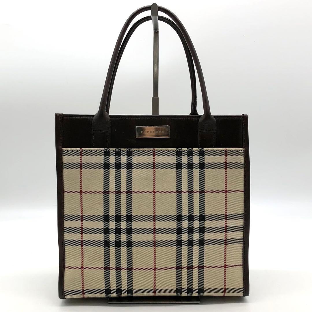 ✨美品✨バーバリー ハンドバッグ ノバチェック ロゴプレート キャンバス レザー