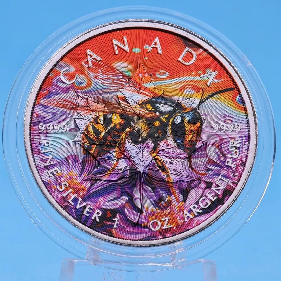 世界100枚限定！ メイプルリーフ 銀貨 カラー ミツバチ 動物と植物の