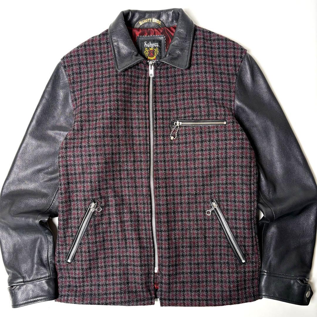Schott レザー x ウール ライダースジャケット M 山羊革 チェック