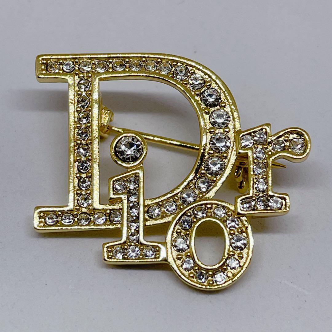 極美品 箱・保証書付 ディオール ロゴブローチ ラインストーン ゴールド