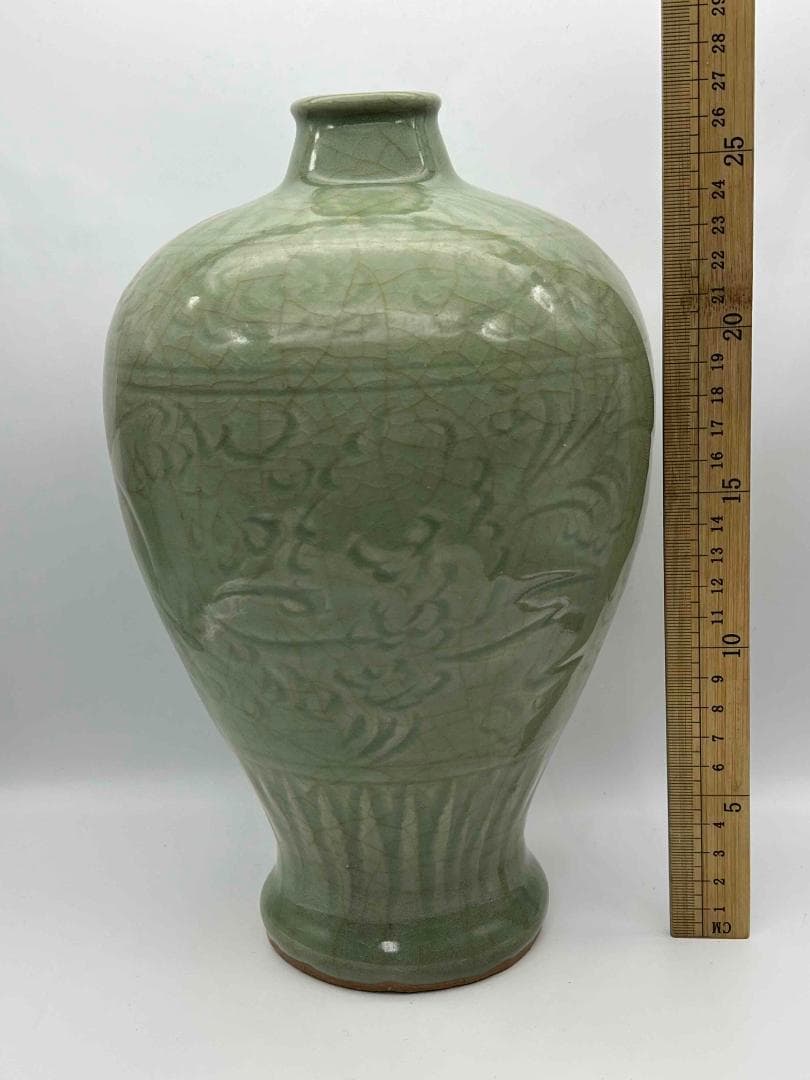 南宋時代 龍泉窯 梅子青 青磁 刻花文大梅瓶 花入 花瓶 茶道具(