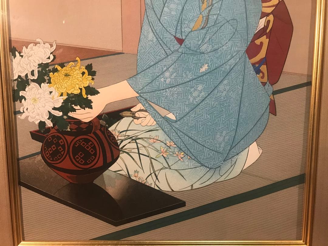 伊東深水「菊を活ける」木版画作品証明シール・摺り工程表有り