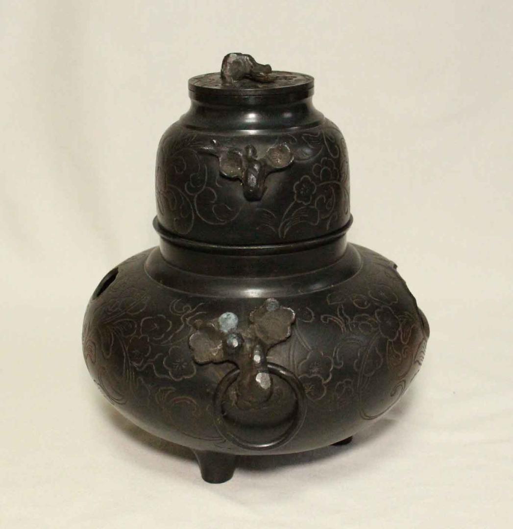 茶道具 茶釜 銅製 植物文 在銘 正斉 19cm 古銅 銅器 金属工芸 唐銅