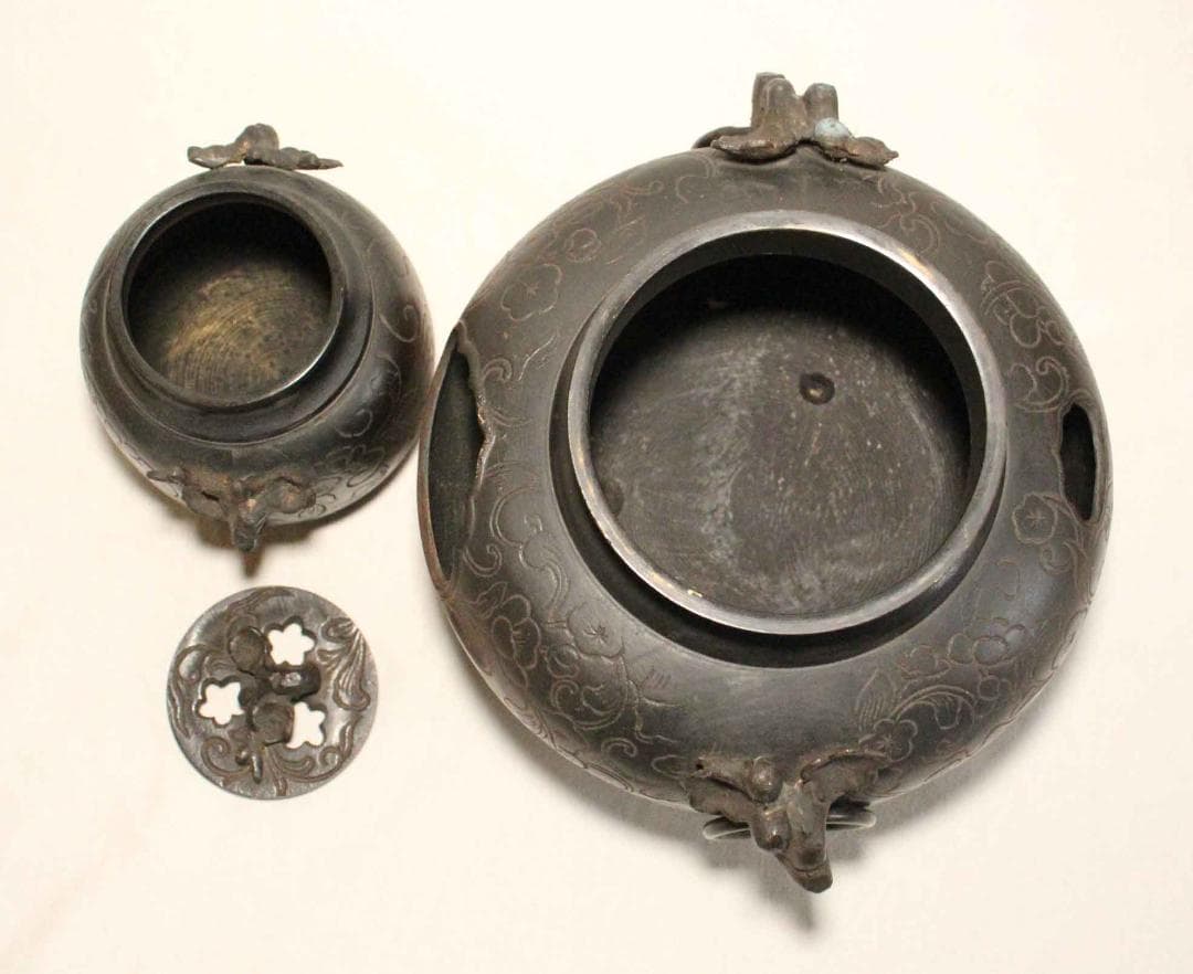 茶道具 茶釜 銅製 植物文 在銘 正斉 19cm 古銅 銅器 金属工芸 唐銅